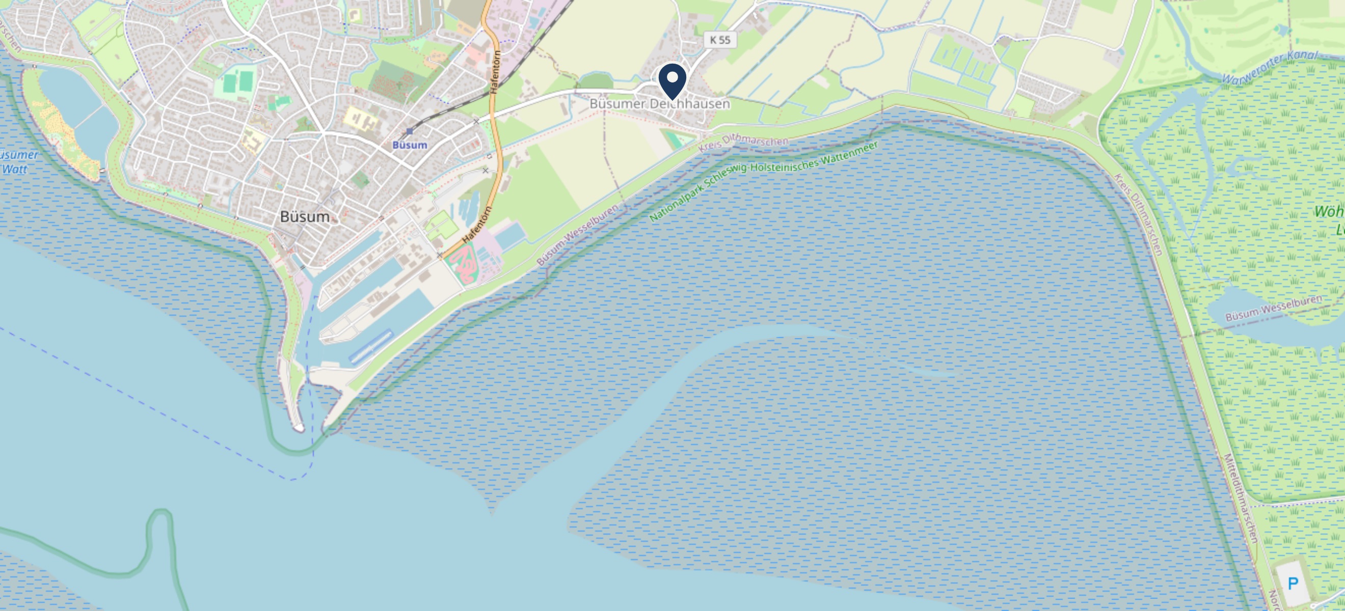 Karte: Lage der Ferienwohnung Watt ne Bude in Büsumer Deichhausen, direkt am Wattenmeer, wenige Minuten von Büsum und dem Hafen.