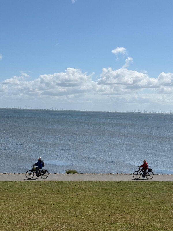 Zwei Radfahrer auf dem Deichweg mit Blick auf die Nordsee